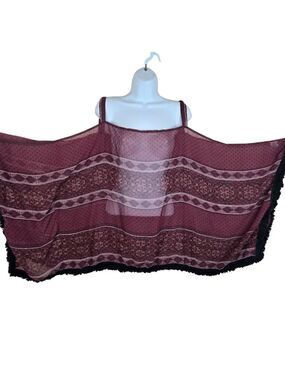 RU Apparel Sheer Burgundy Poncho Top Black Fringe Hem Size M Western